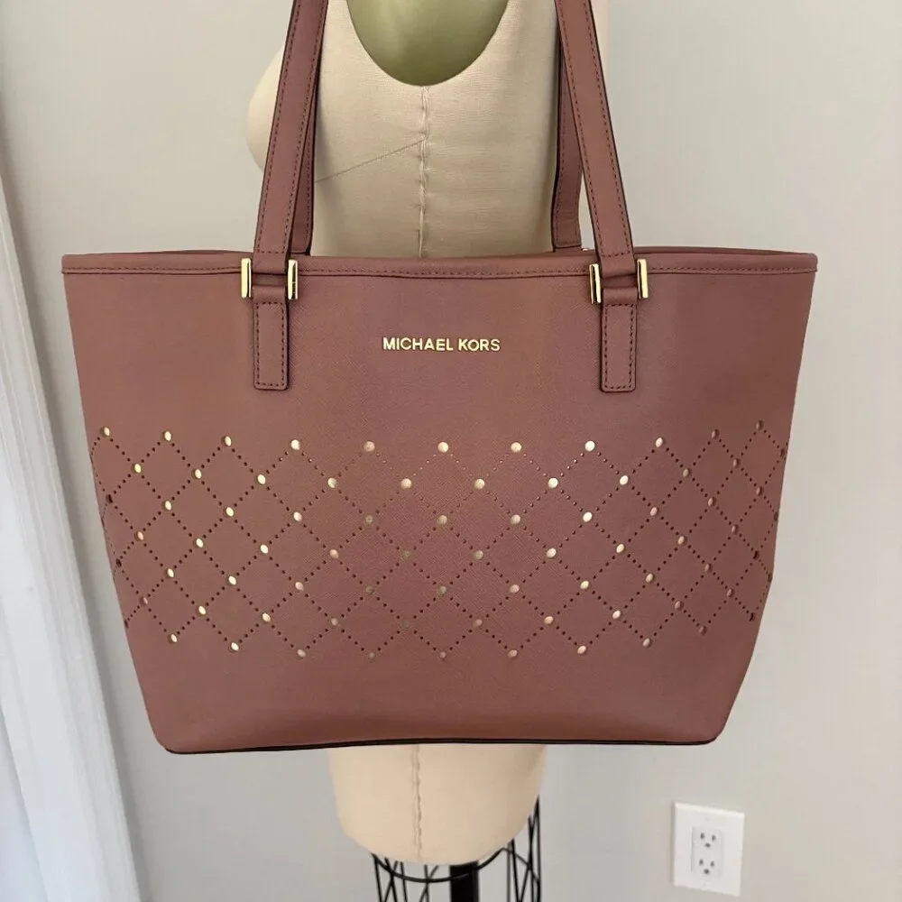 Michael Kors Dusty Rose Perforated Gold Saffiano Leather Corporate Chic Tote